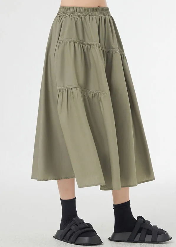 French Green Pockets Wrinkled Patchwork Cotton Skirt Summer LY9346