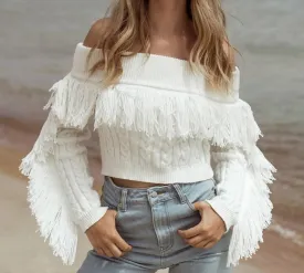 Fringe detail warm knitted off the shoulder sweater top