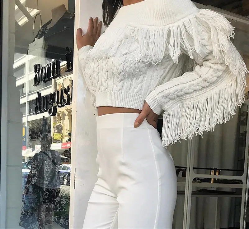 Fringe detail warm knitted off the shoulder sweater top