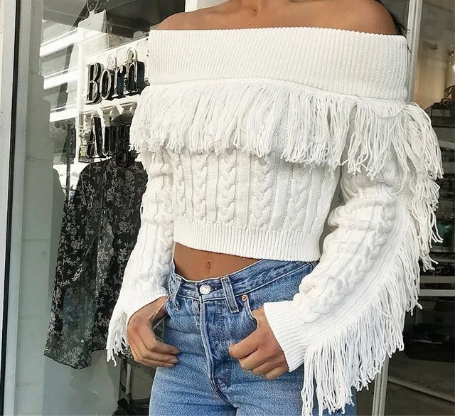 Fringe detail warm knitted off the shoulder sweater top