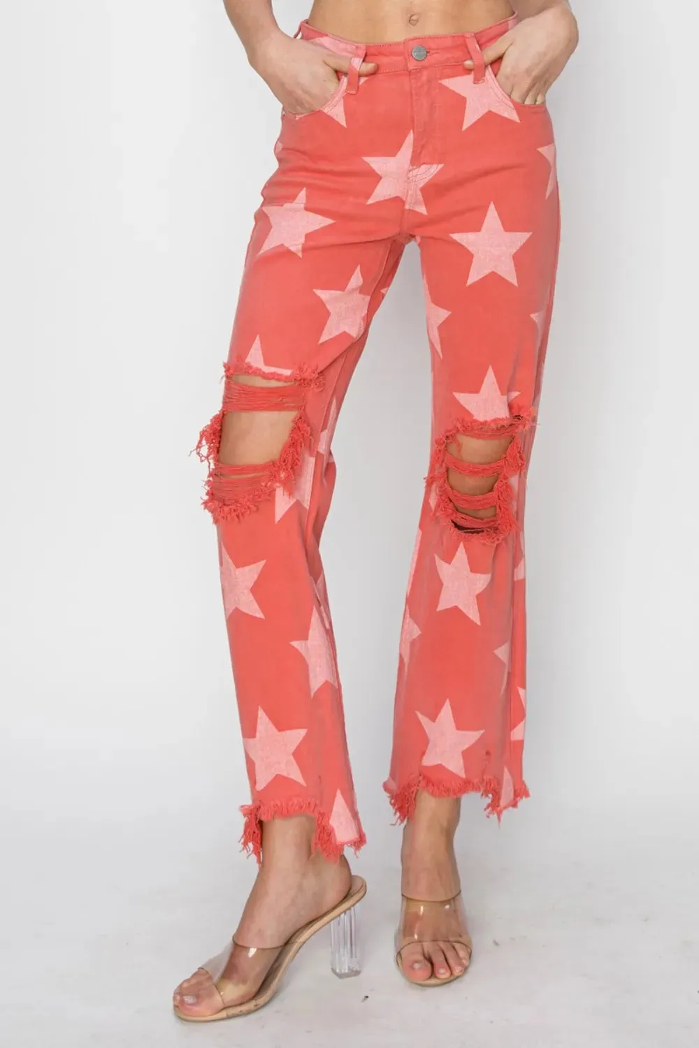 Full Size Distressed Raw Hem Star Pattern Jeans