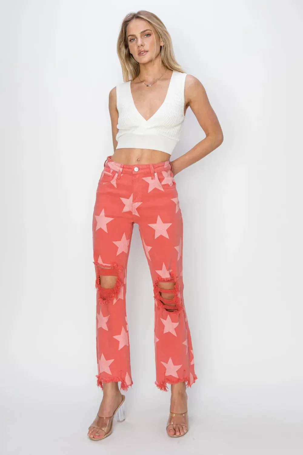 Full Size Distressed Raw Hem Star Pattern Jeans