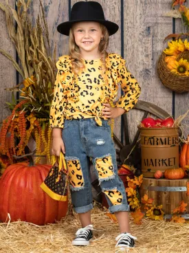 Golden Cub Ruffle Top and Patched Jeans Set