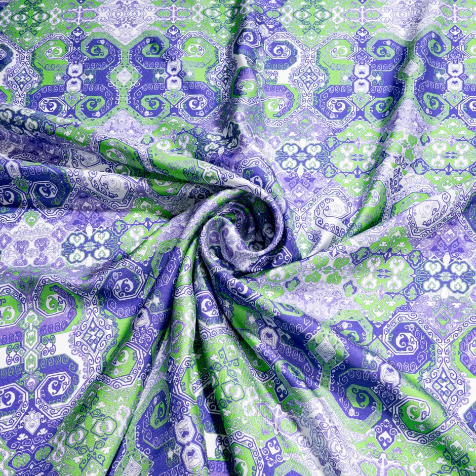 Green & Purple Patchwork Printed Pure Silk Twill