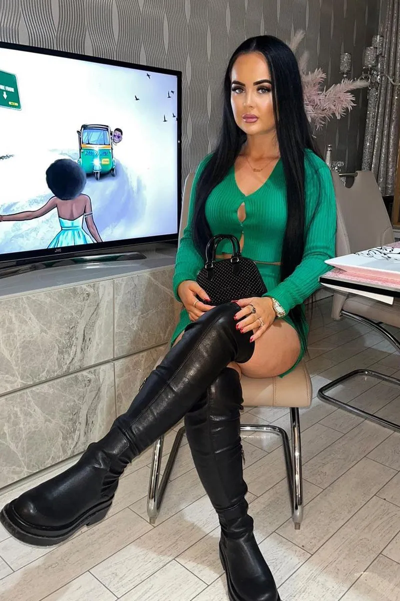 Green Knit Button Up Crop Top & Front Slit Mini Skirt Set - Corina