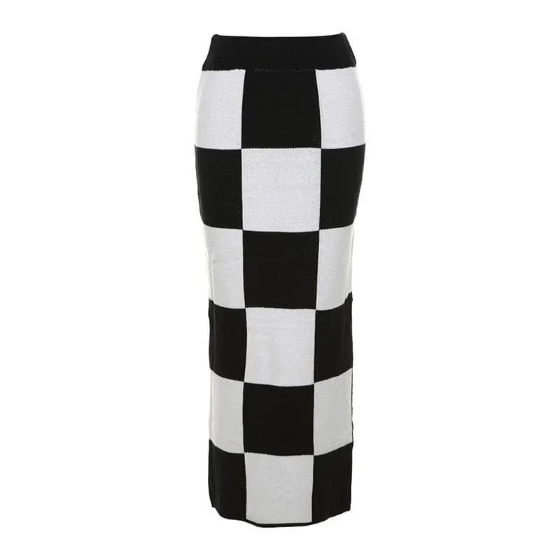 High waist slim slit bag hip checkerboard skirt