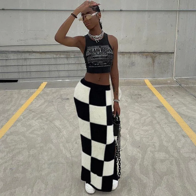 High waist slim slit bag hip checkerboard skirt