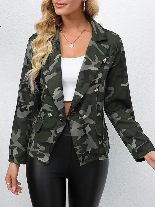 Long Sleeves Loose Buttoned Camouflage Pockets Notched Collar Blazer Outerwear