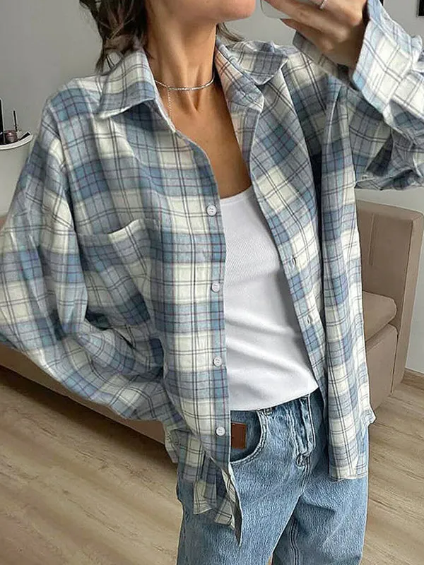 Long Sleeves Loose Buttoned Plaid Pockets Lapel Blouses&Shirts Tops Outerwear