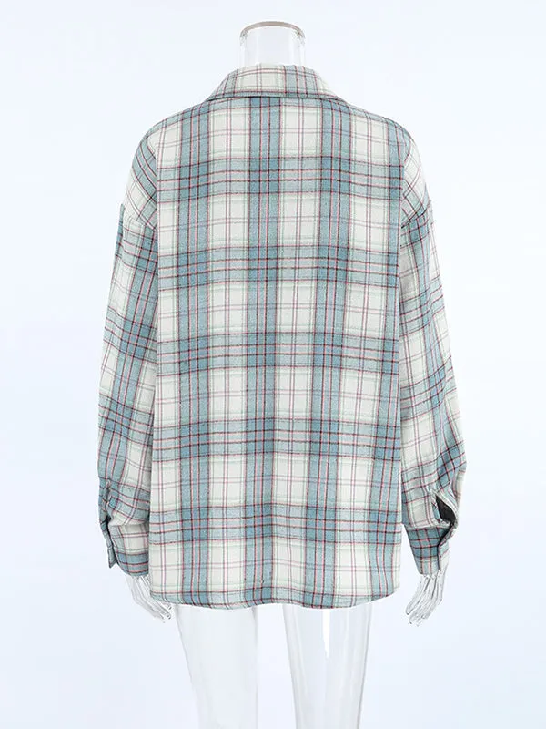 Long Sleeves Loose Buttoned Plaid Pockets Lapel Blouses&Shirts Tops Outerwear