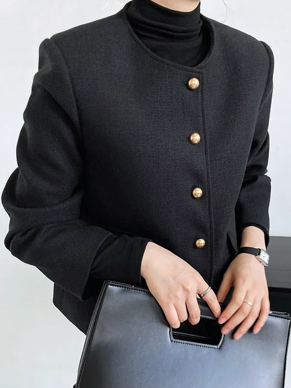 Long Sleeves Loose Buttoned Solid Color Round-Neck Outerwear