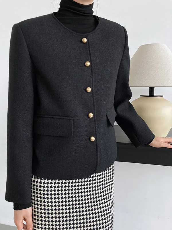 Long Sleeves Loose Buttoned Solid Color Round-Neck Outerwear