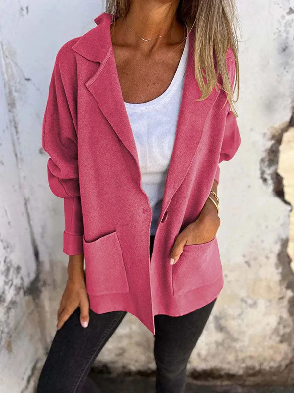 Long Sleeves Loose Pockets Solid Color Split-Joint Lapel Outerwear