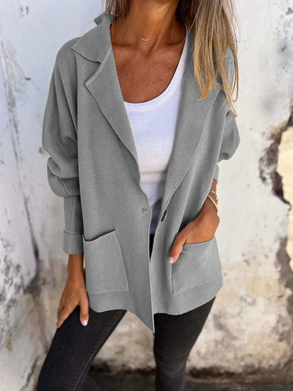 Long Sleeves Loose Pockets Solid Color Split-Joint Lapel Outerwear