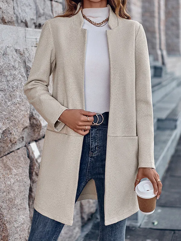 Long Sleeves Loose Pockets Solid Color Stand Collar Outerwear