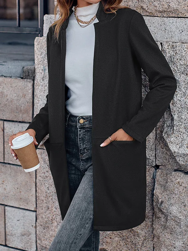 Long Sleeves Loose Pockets Solid Color Stand Collar Outerwear