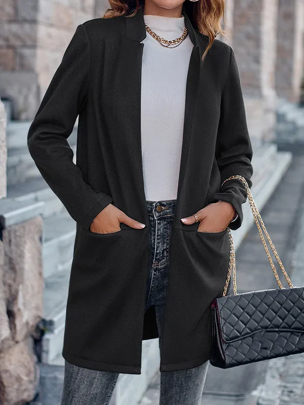 Long Sleeves Loose Pockets Solid Color Stand Collar Outerwear