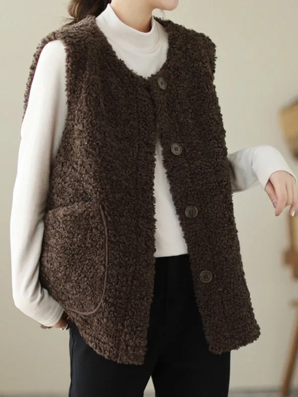 Loose Sleeveless Buttoned Pockets Round-Neck Vest Outerwear