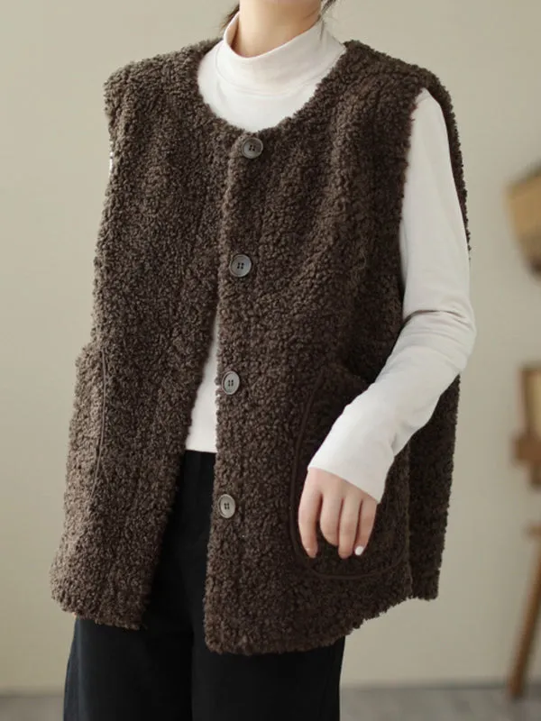 Loose Sleeveless Buttoned Pockets Round-Neck Vest Outerwear