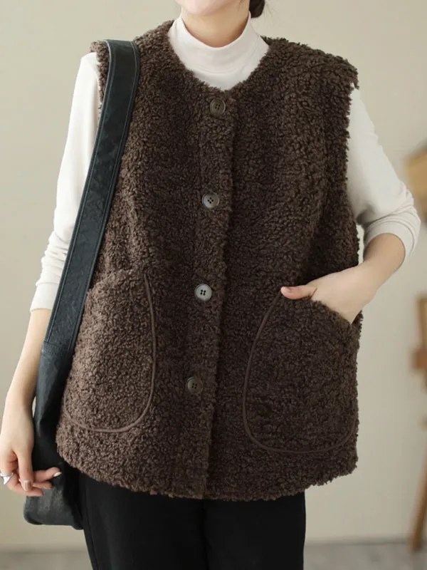 Loose Sleeveless Buttoned Pockets Round-Neck Vest Outerwear