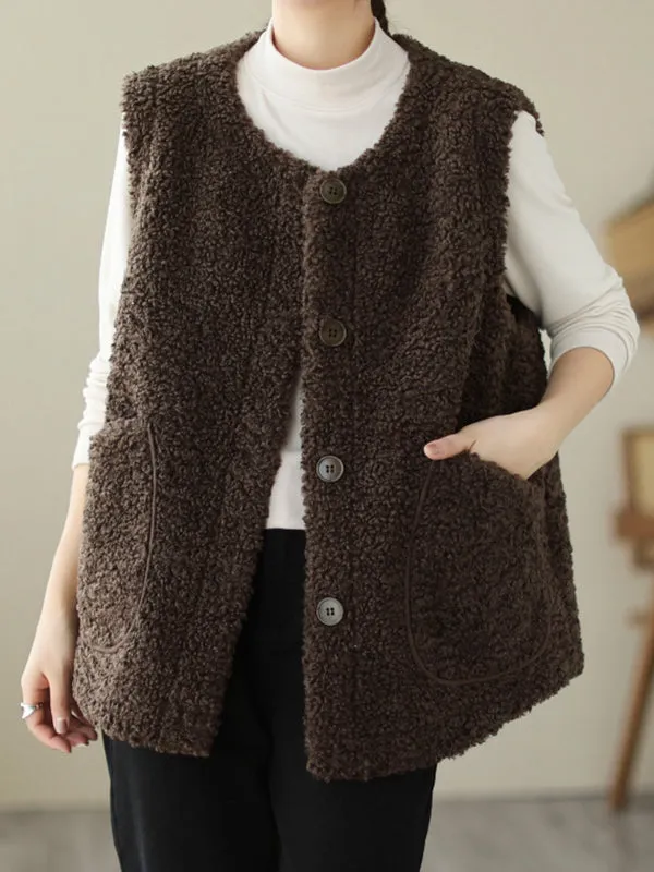 Loose Sleeveless Buttoned Pockets Round-Neck Vest Outerwear