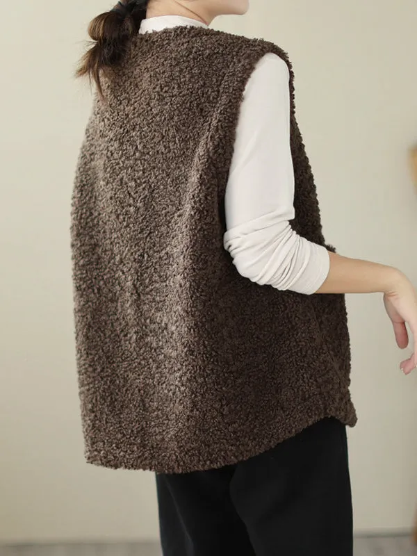 Loose Sleeveless Buttoned Pockets Round-Neck Vest Outerwear