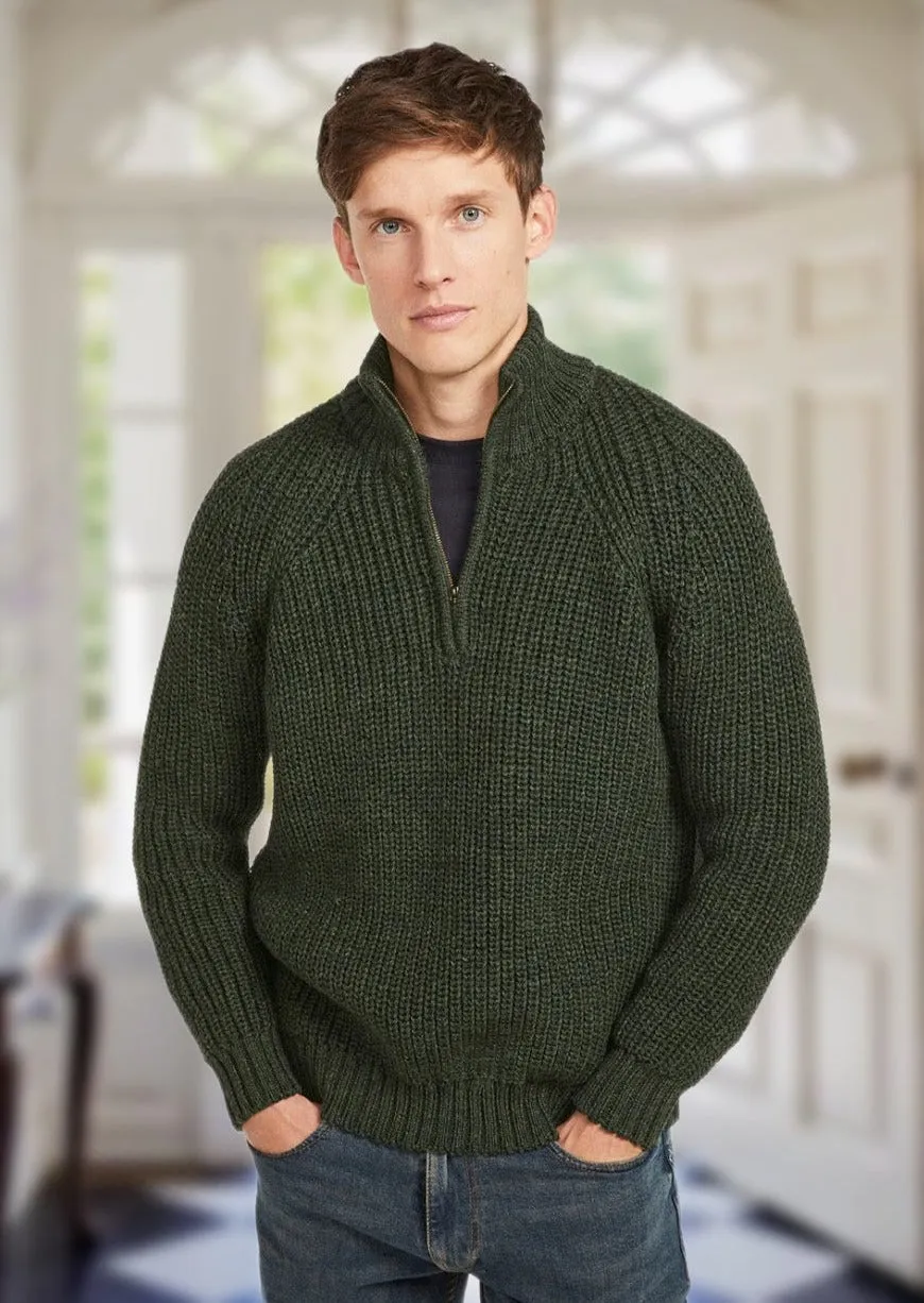 Men's Aran Fisherman Raglan Zip Sweater | Green