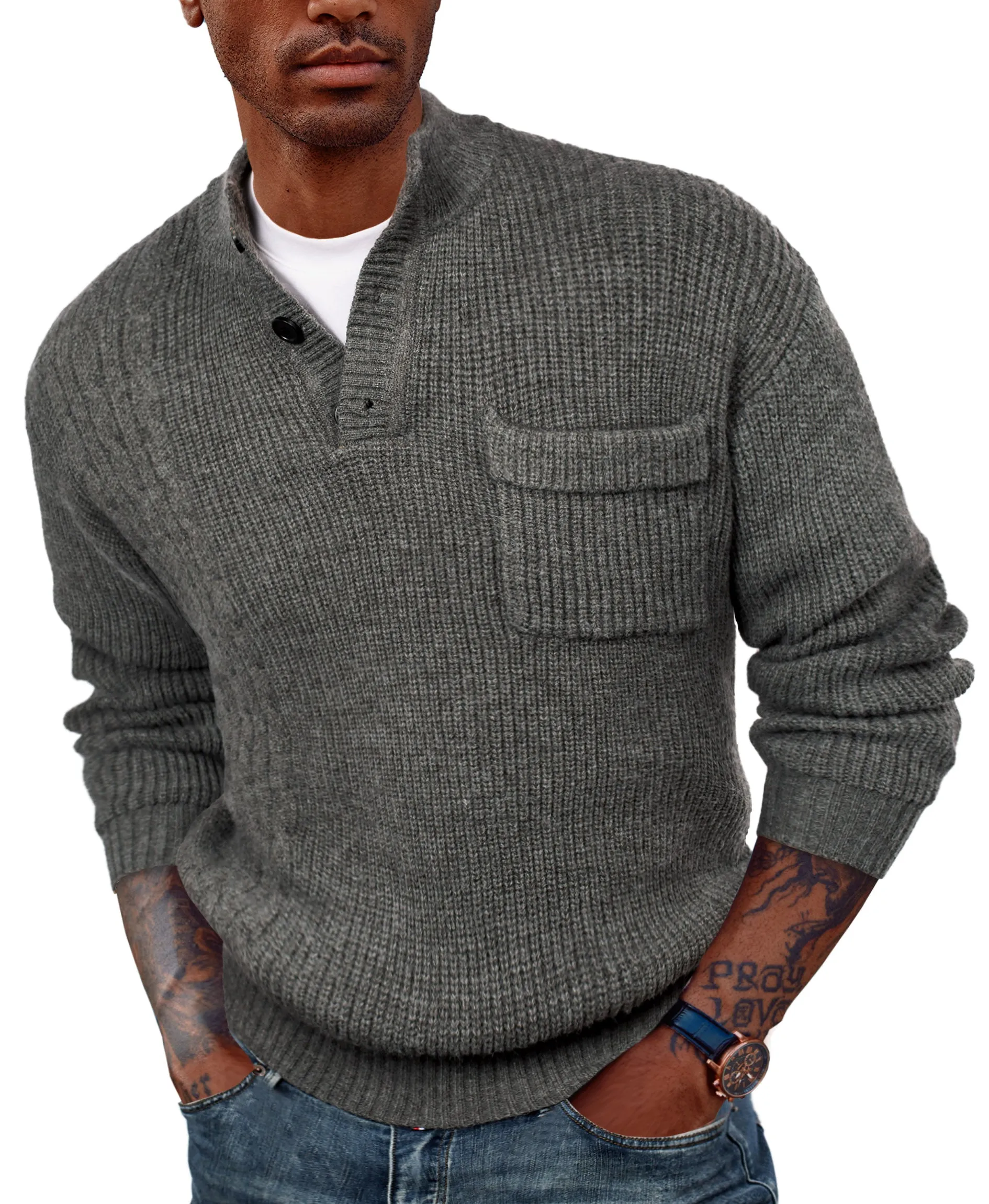 Men's Quarter Button Sweater Stand Collar Knitted Pullover Henley Sweater with Pocket