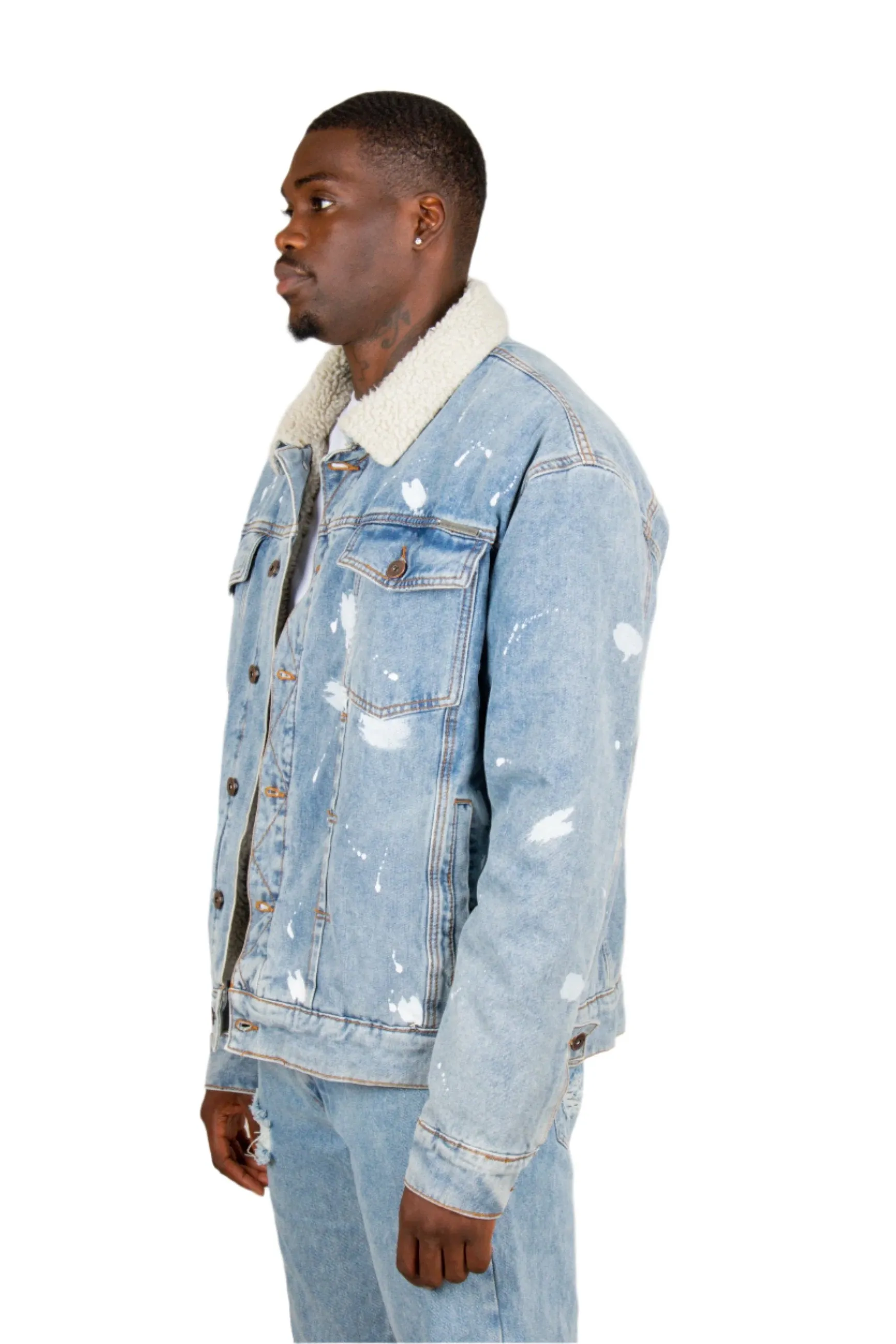 Oversized Borg Denim Jacket with Paint Splatter