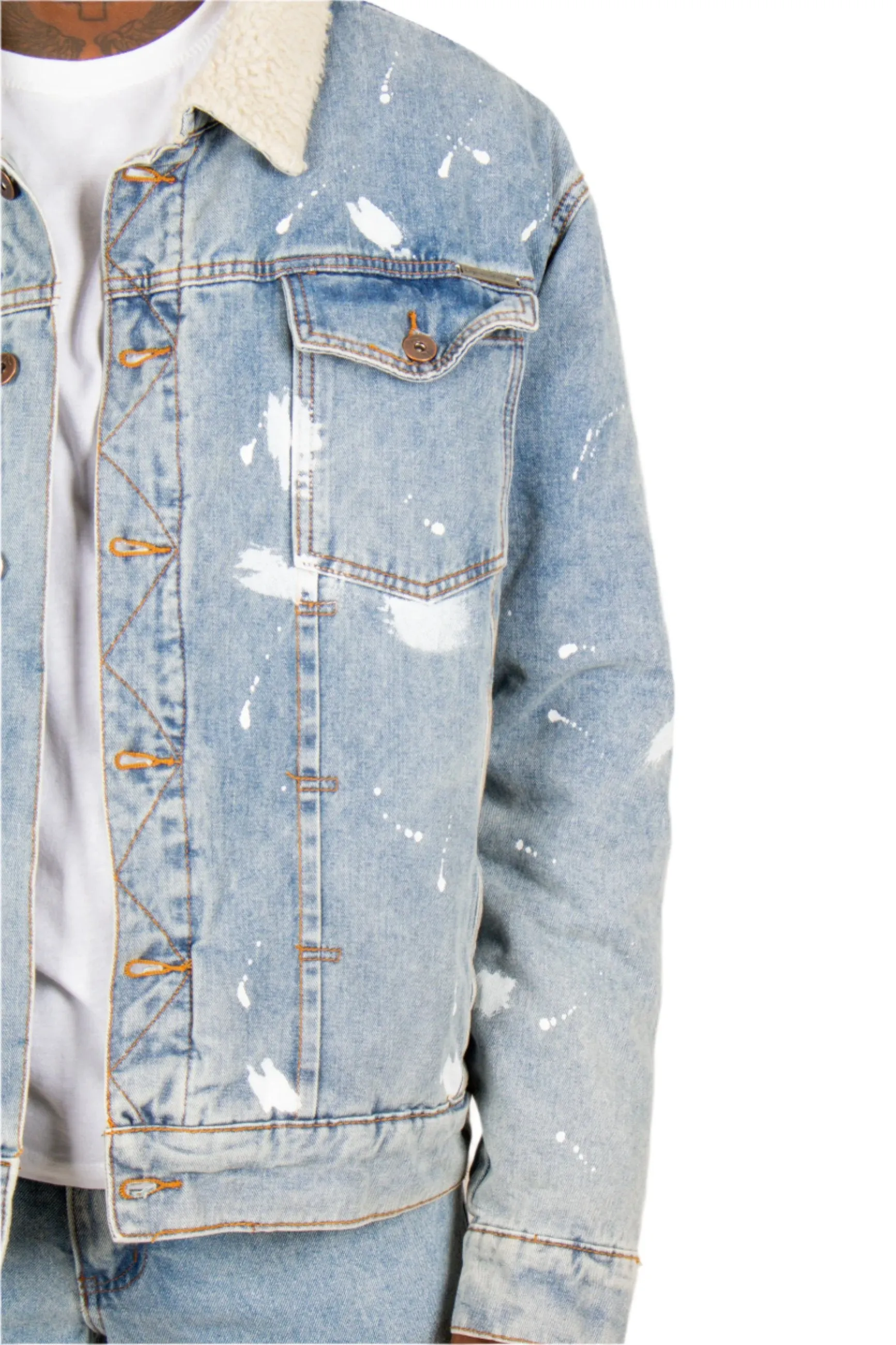 Oversized Borg Denim Jacket with Paint Splatter