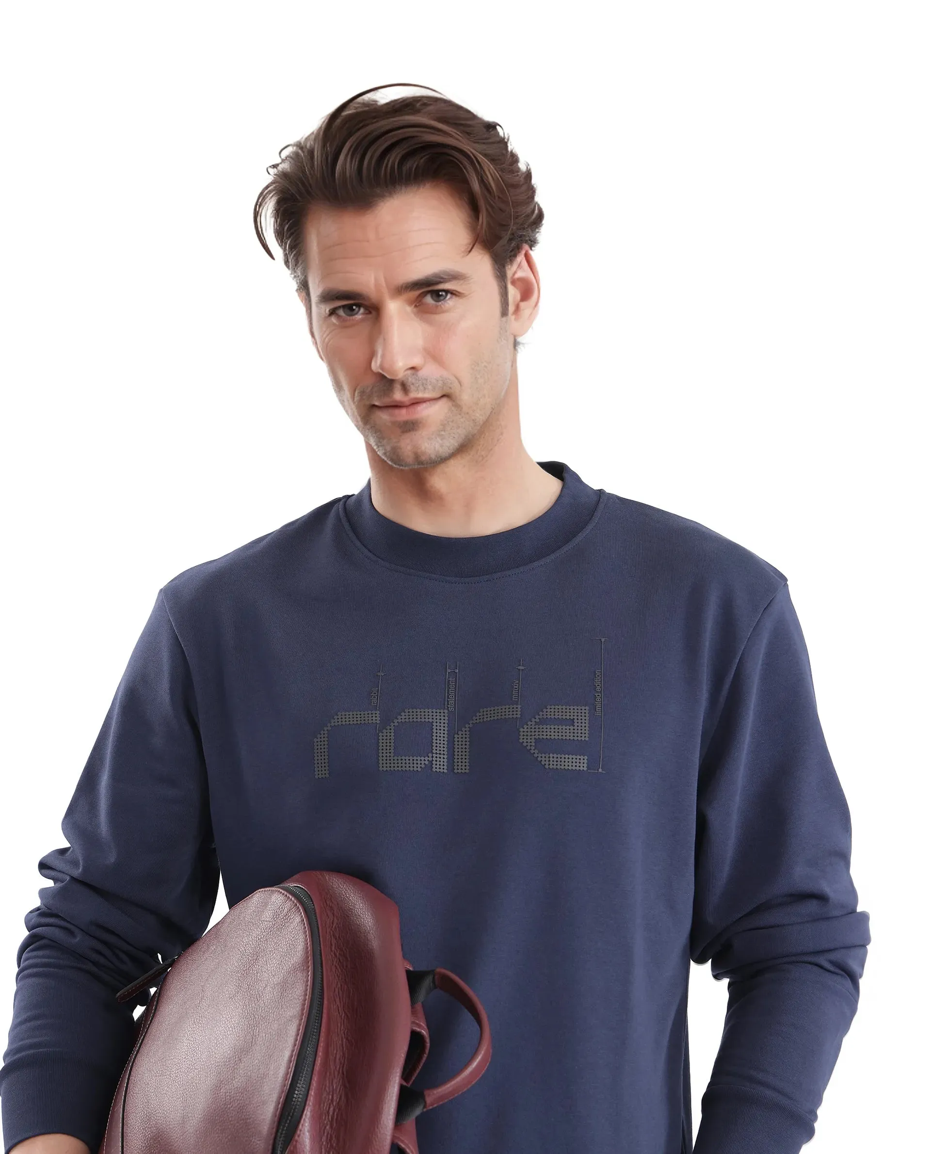 Rare Rabbit Men Emry Navy Cotton Polyester Fabric Full Sleeve Crew Neck Regular Fit Printed Sweatshirt