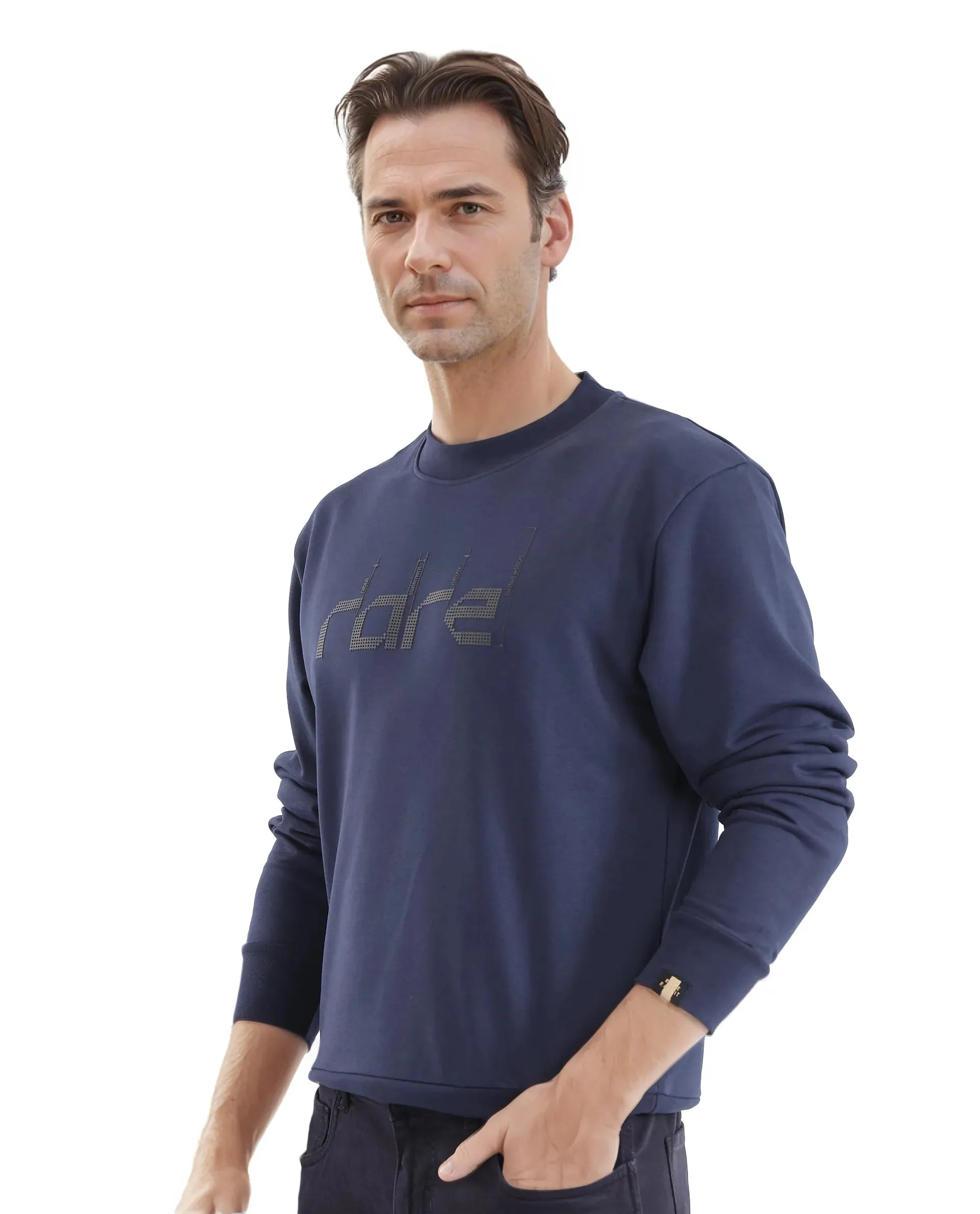 Rare Rabbit Men Emry Navy Cotton Polyester Fabric Full Sleeve Crew Neck Regular Fit Printed Sweatshirt