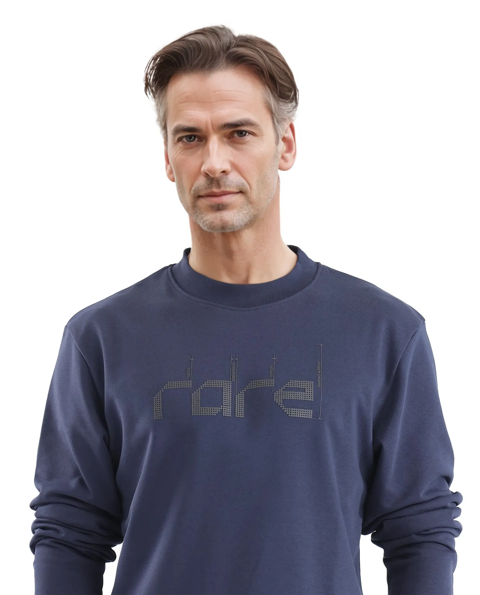 Rare Rabbit Men Emry Navy Cotton Polyester Fabric Full Sleeve Crew Neck Regular Fit Printed Sweatshirt