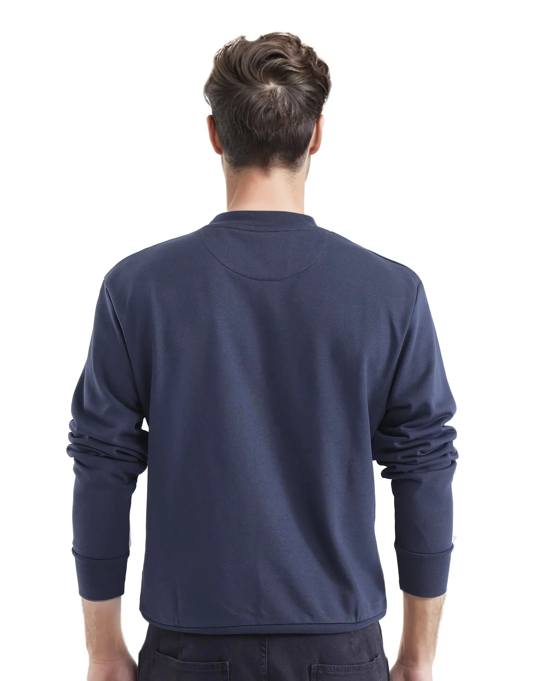 Rare Rabbit Men Emry Navy Cotton Polyester Fabric Full Sleeve Crew Neck Regular Fit Printed Sweatshirt