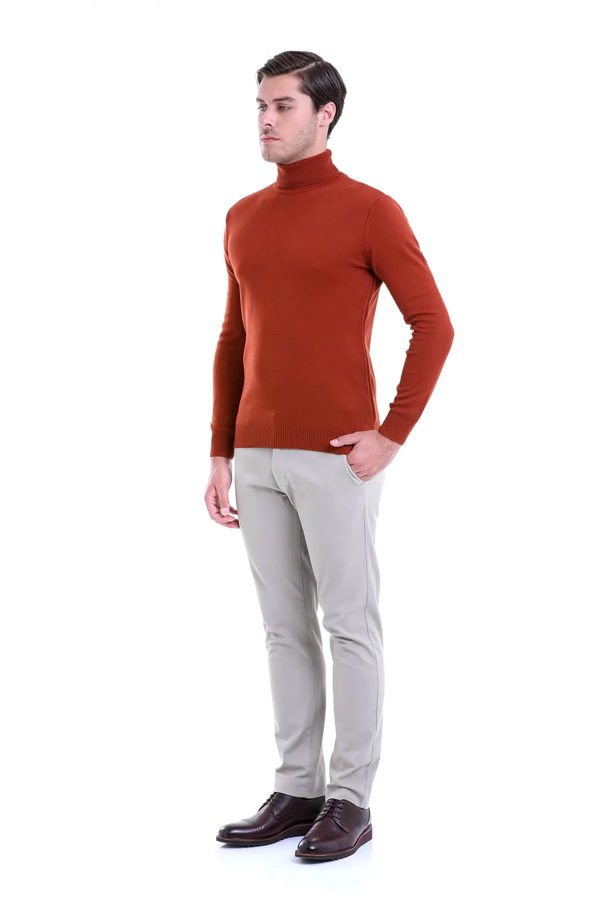 Regular Fit Basic Plain Brick Turtleneck Sweater