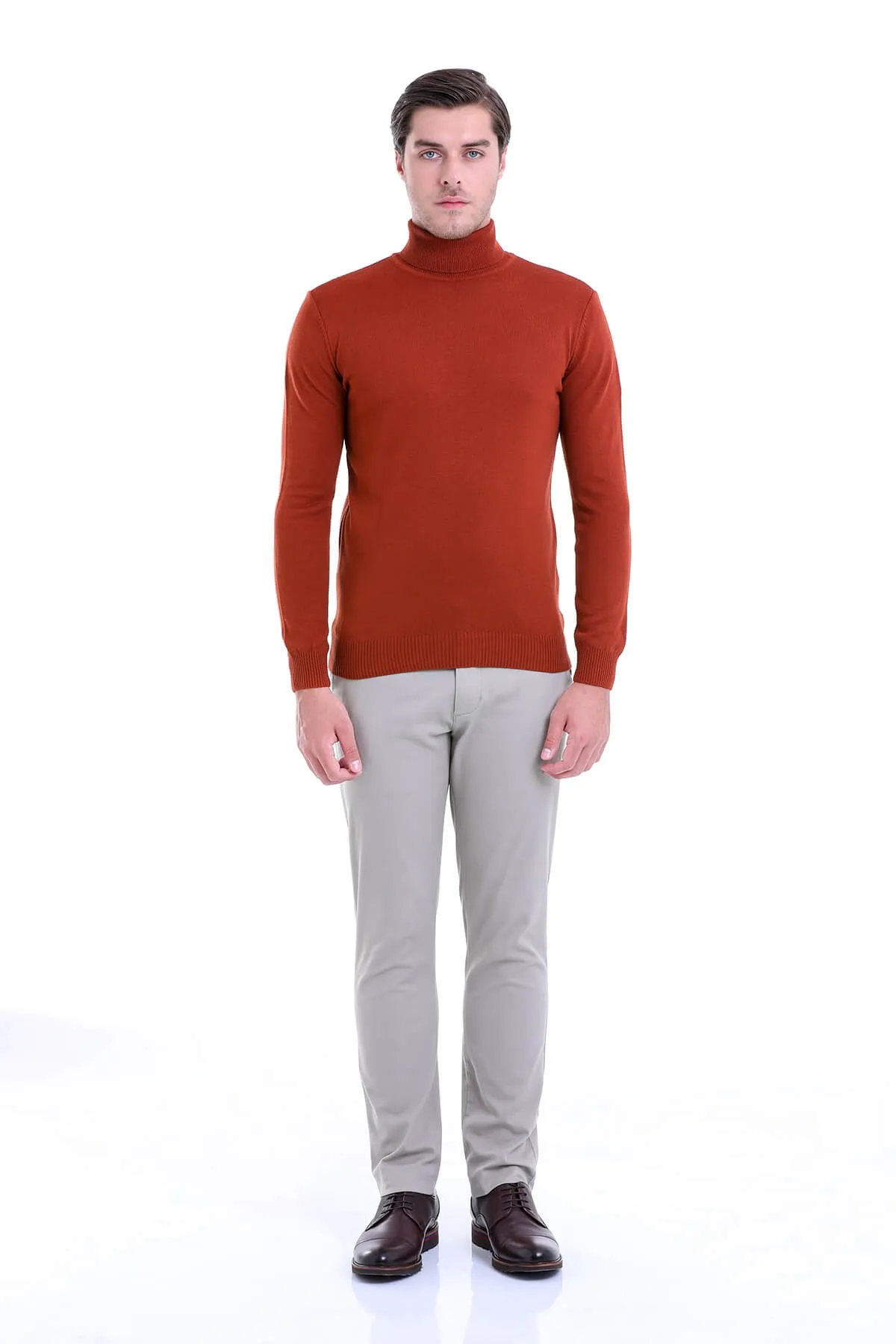 Regular Fit Basic Plain Brick Turtleneck Sweater