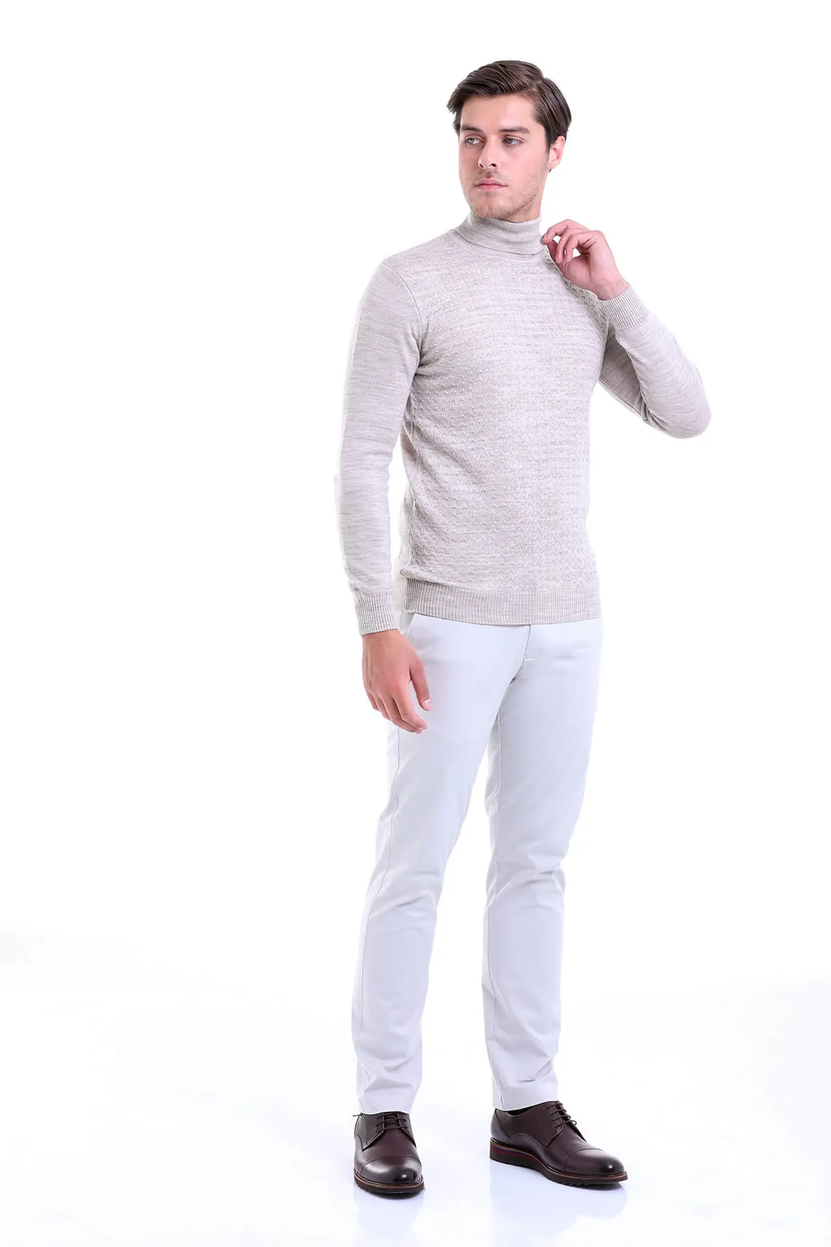 Regular Fit Beige Turtleneck Sweater