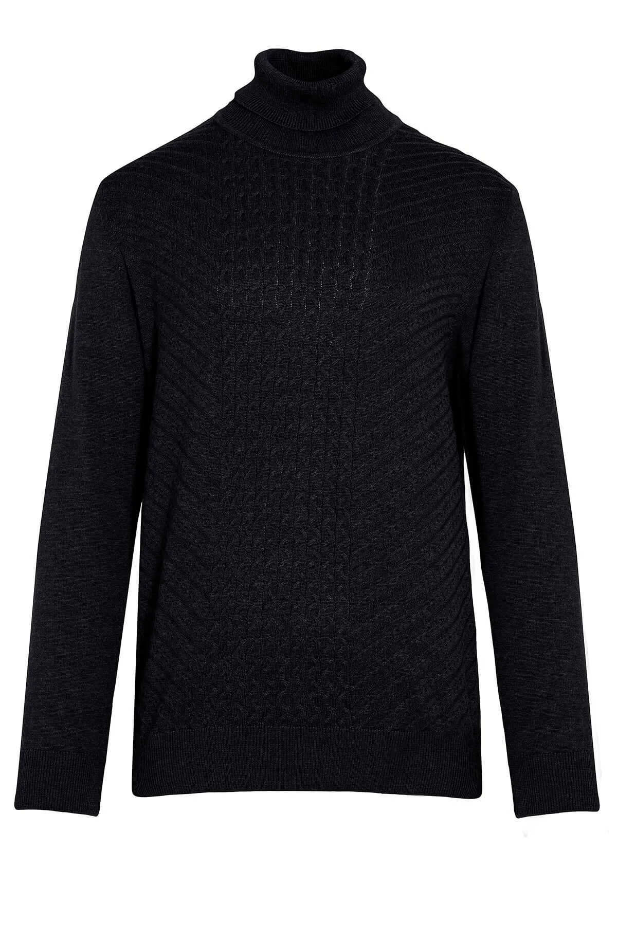 Regular Fit Black Cotton Blend Turtleneck Sweater