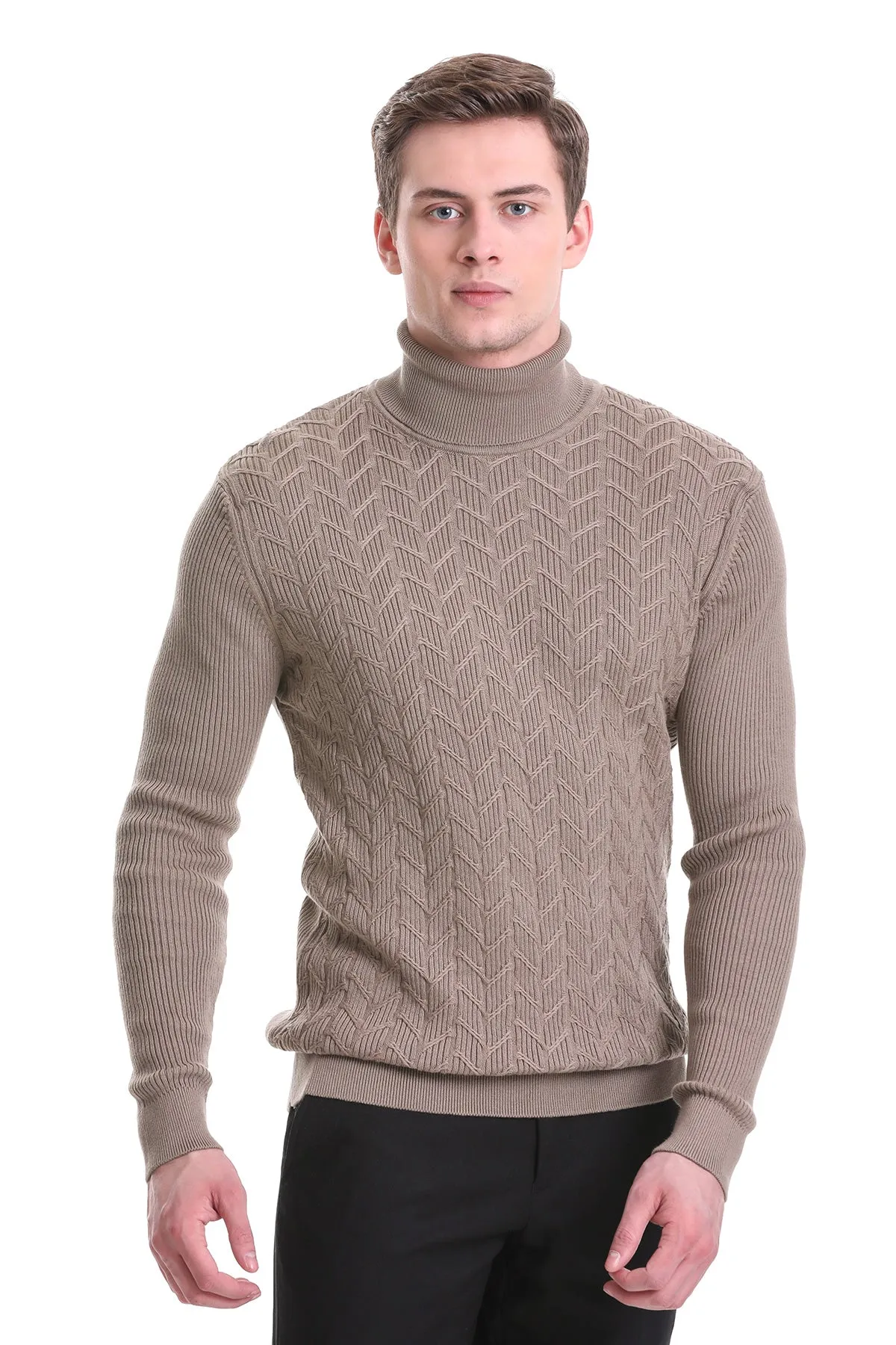 Regular Fit Grej Patterned Cotton Turtleneck Sweater