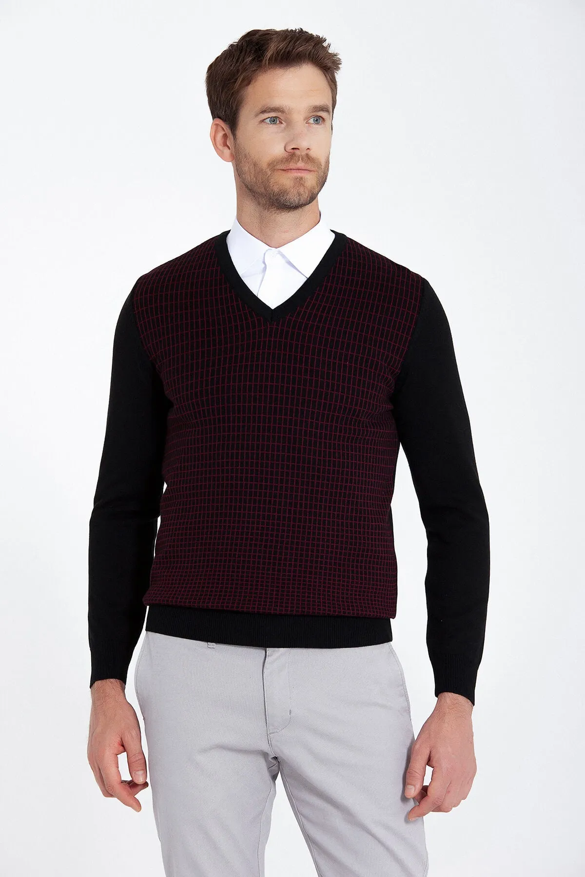 Regular Fit Patterned Cotton Blend Brown & Beige V-Neck Sweater, Black - Burgundy