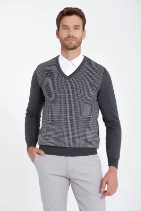 Regular Fit Patterned Cotton Blend Brown & Beige V-Neck Sweater, Charcoal - Gray