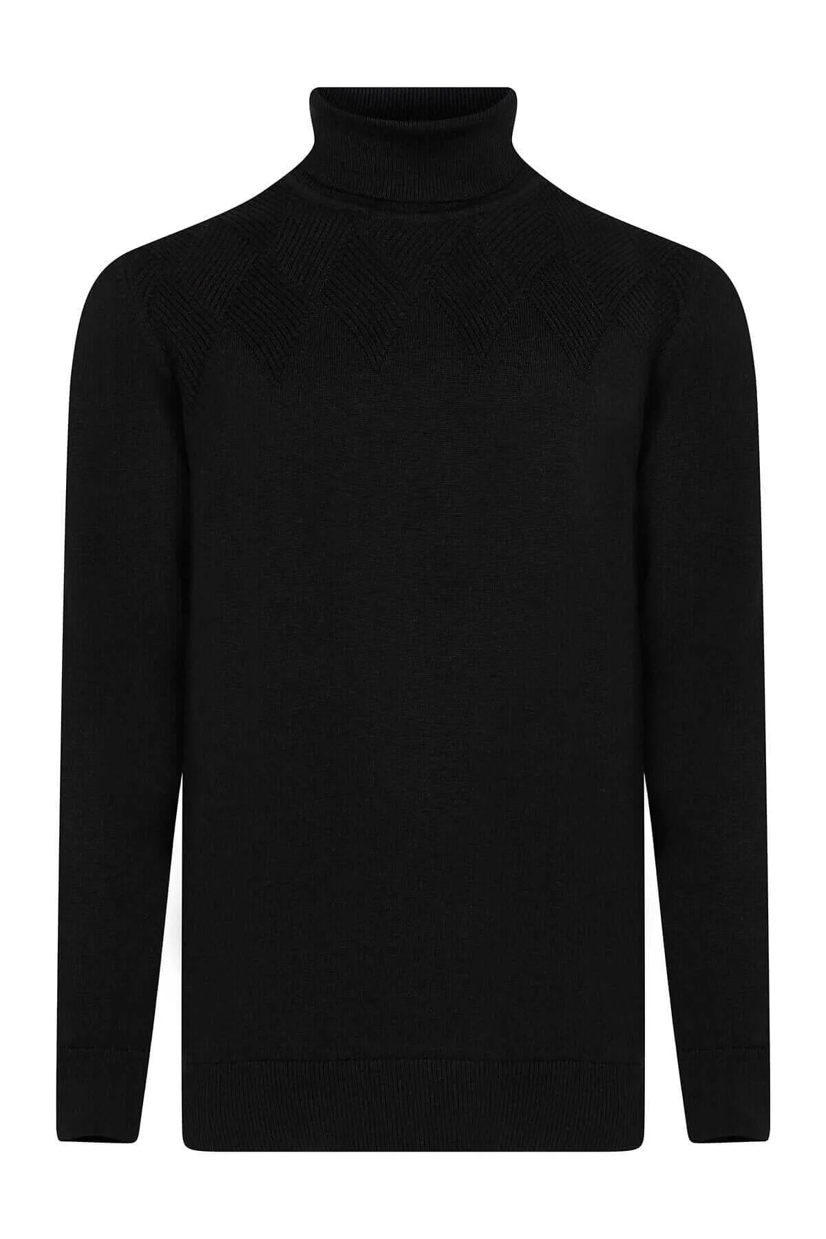 Regular Fit Patterned Cotton Blend Khaki Turtleneck Sweater, Black