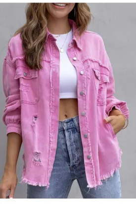 Ripped Fringe Jean Jacket - Pink