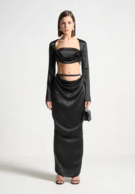 Satin Drape Belted Maxi Skirt - Black