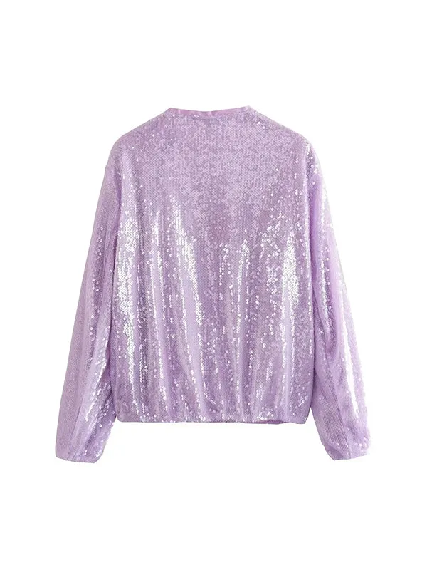 Sequined Zipper Loose Puff Sleeves Round-Neck Outerwear Jackets