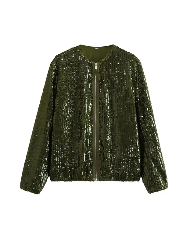 Sequined Zipper Loose Puff Sleeves Round-Neck Outerwear Jackets