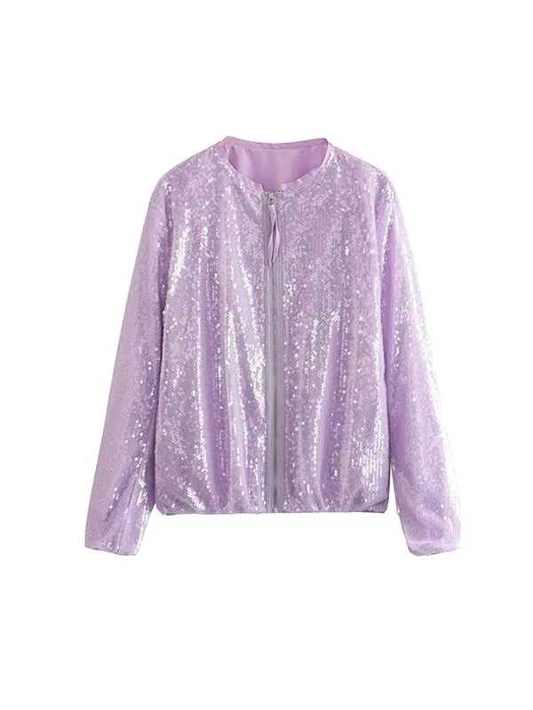 Sequined Zipper Loose Puff Sleeves Round-Neck Outerwear Jackets