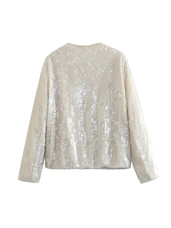 Sequined Zipper Loose Puff Sleeves Round-Neck Outerwear Jackets