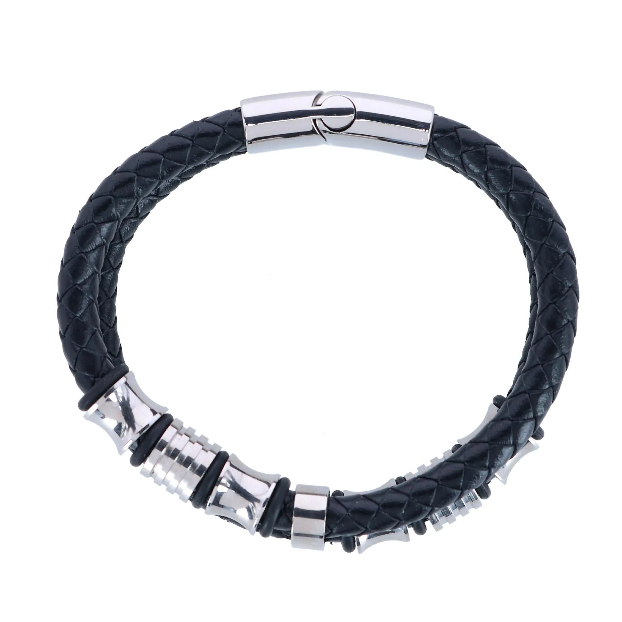 Silver and Leather Double Band Secure Clasp Bracelet