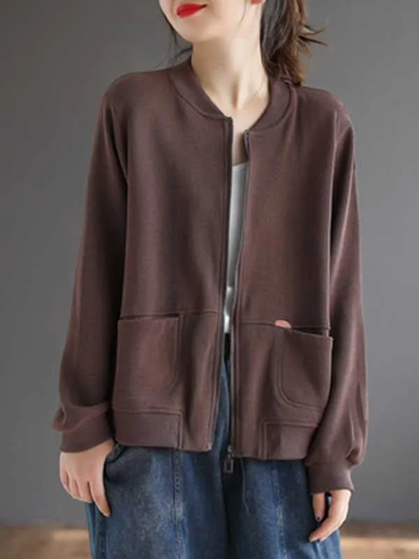 Simple Long Sleeves Loose Solid Color Zipper Stand Collar Outerwear